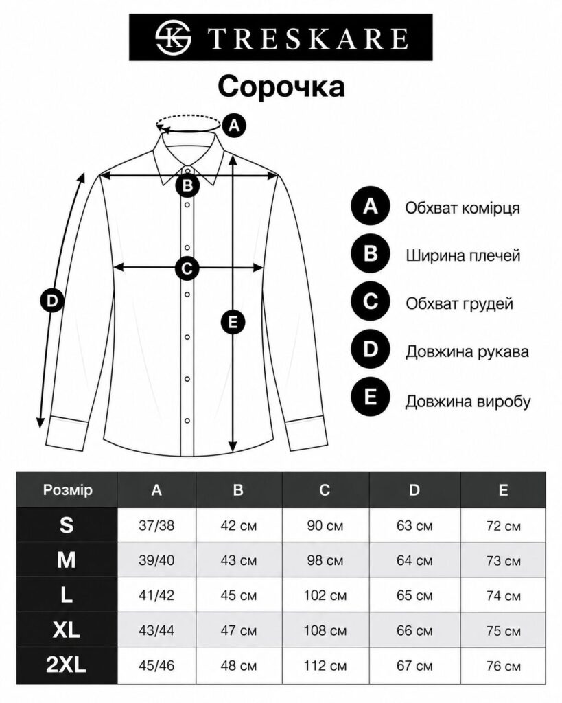таблиця розміроів Сорочка - арт: 406