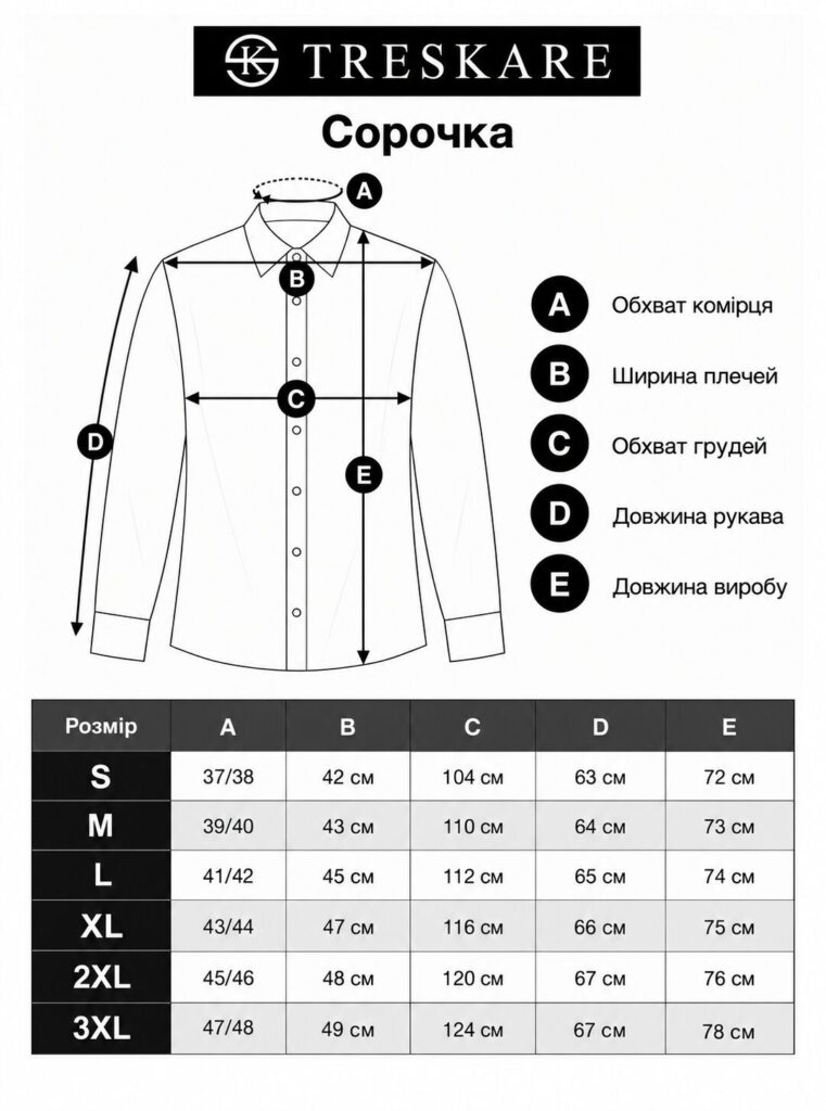 таблиця розмірів Сорочка - арт: 208